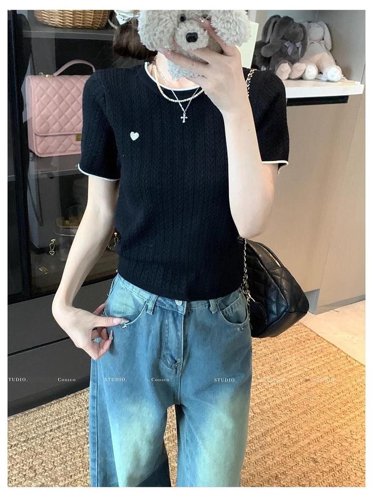 Chic Color Block Crew Neck Short Sleeve Knitted T-Shirt for Women - Preppy Style Summer 2025