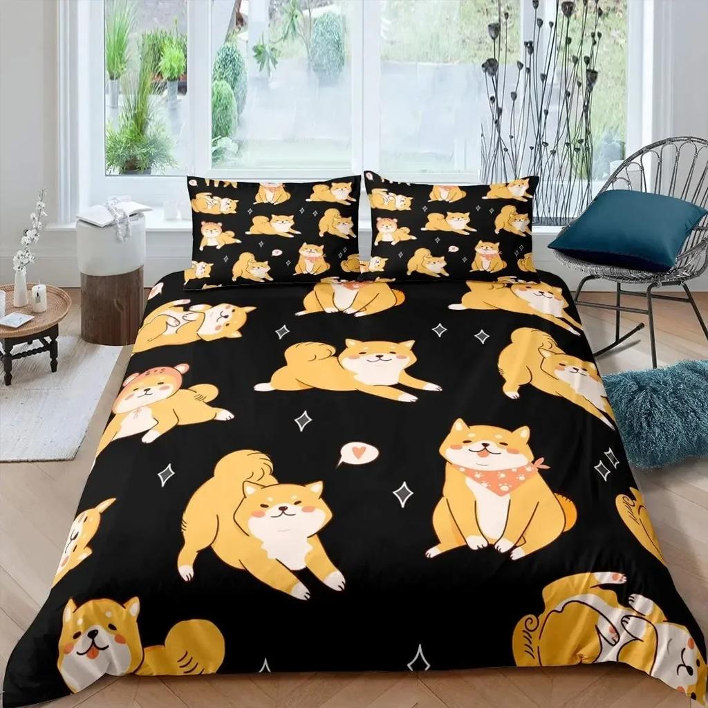 Shiba Inu Cute Yellow Dog Cartoon Animal Farmhouse Pet Comfortable Duvet Quilt Cover Pillowcase Bedding Set Children Bedroom