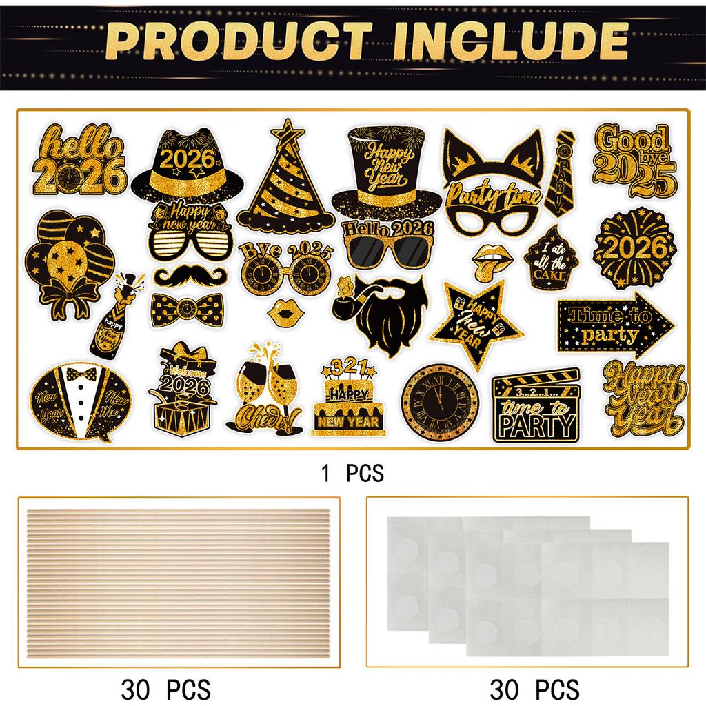 Photo Booth Props Black Gold Selfie Frame 2026 New Year Decorations Fun Party Photo Props Set For New Year Parties Family Photos