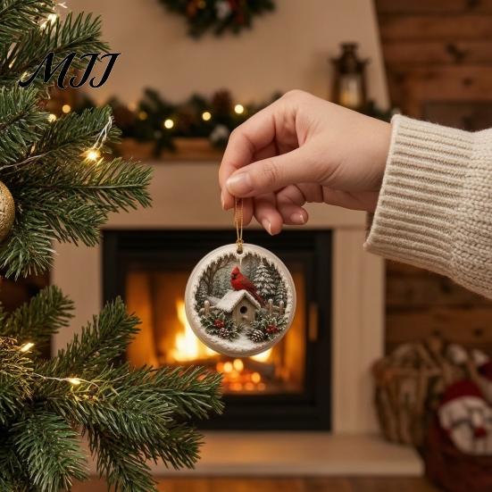 Snow Scene Xmas Decorations Acrylic Christmas Red Bird Ornament, Pattern Tree Hanging Ornaments Decor, Retro Round Pendant for Winter Holiday Party