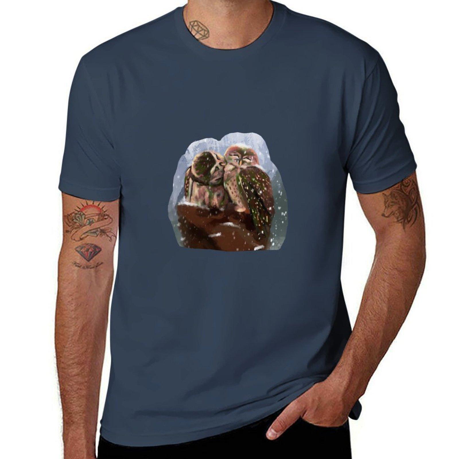 Cute Owl Pair in the Snow TShirt Holiday Casual Short Sleeve Top S
