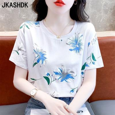 Women's Fashion Casual Summer Spring Flower Pattern Print Short Sleeve O-Neck Blouses & Shirts