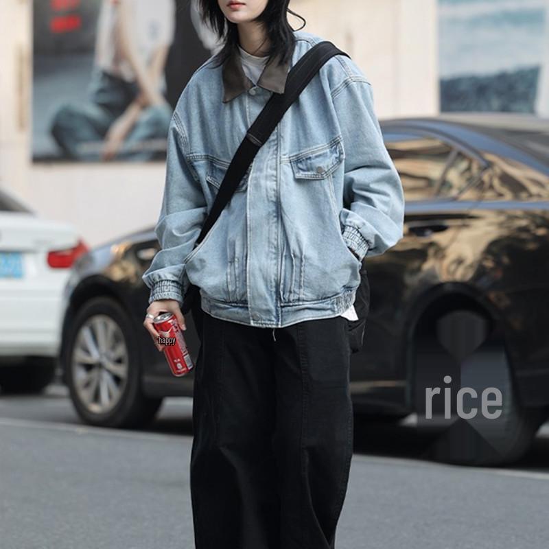 Unisex Módní Džínová Pracovní Bunda - Jaro & Podzim, High Street Styl, Klasický Límec, Volný Střih