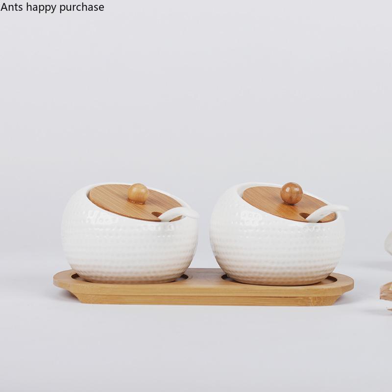 Ceramics Spice Jar Wooden Cover Seasoning Jar Set Combination Seasoning Box Home Kitchen Supplies Salt Shaker Spice Container