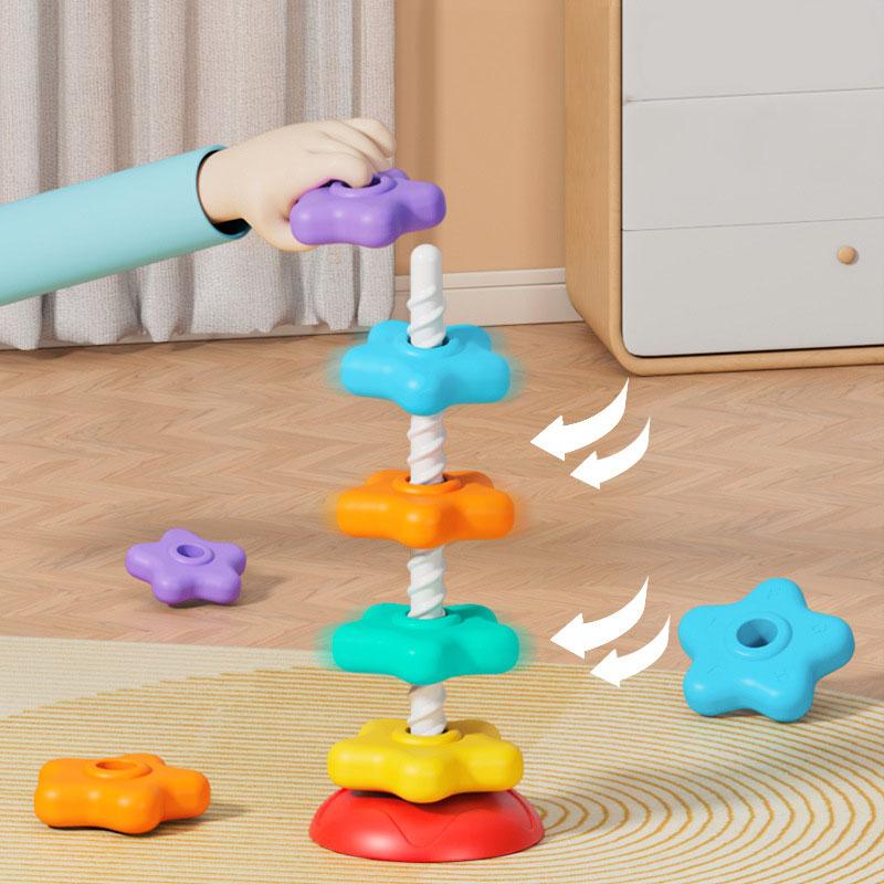 Montessori Rotating Rainbow Tower Baby Stacking Puzzle Toddler Toys Children Motor Skill Game Spinning Stacking Toys 1 To 2 Year
