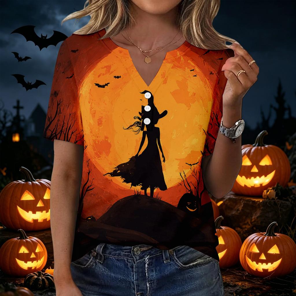 Women's Casual Halloween Print V Neck Button Front Three Quarter Sleeve T Shirt Top for Everyday Wear and Seasonal Occasions