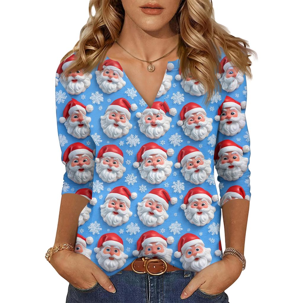 Women's Casual Fashionable Sexy Comfortable V-Neck Christmas Three-Quarter Sleeve Top