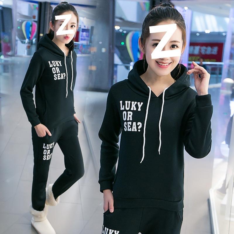 Thickened Velvet Casual Sports Suit Women's Long-sleeved Sweatshirt Student Large Size Two-piece Set