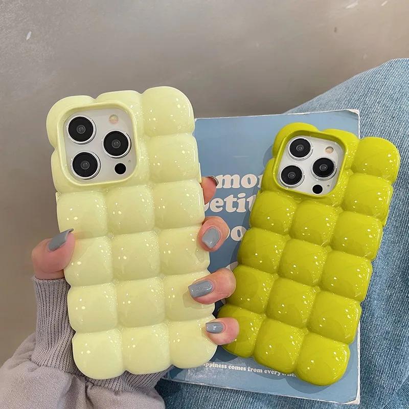 Cute Cartoon 3D Block Lattice Case for iPhone 15 14 13 16 Pro Max 12 11 Glossy Candy Solid Color Soft Silicone Shockproof Cover