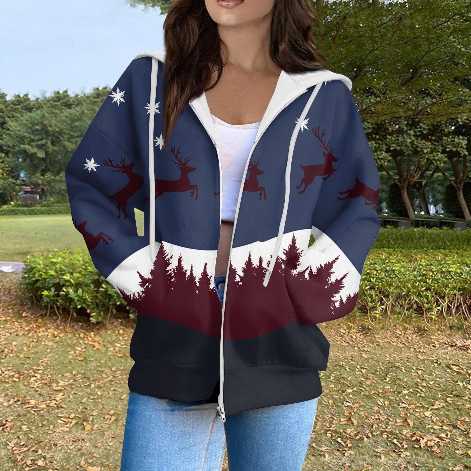 

Женская мода повседневный длинный рукав рождественский принт кардиган пальто с карманом на молнии XL