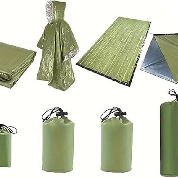 Emergency Shelter Sets Survival Shelter 1 Survival Tent 1 Mylar Blankets 1 Emergency Sleeping Bag 1 Poncho for Outdoor Activity зелёный