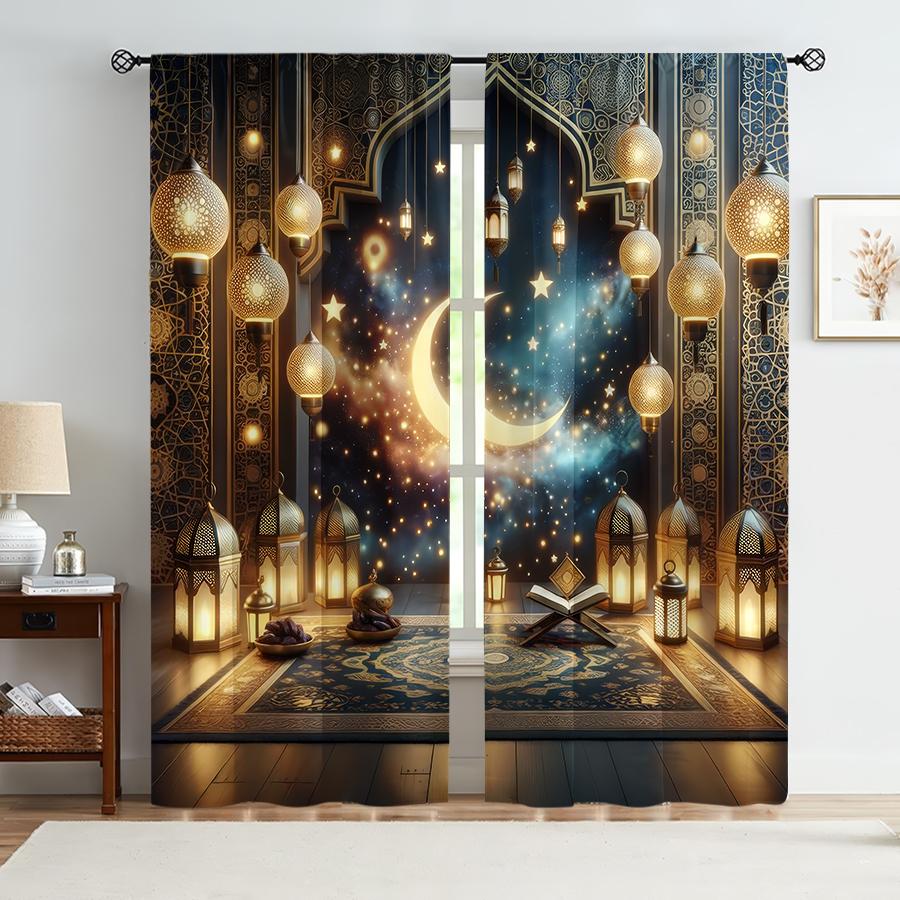 

2PCS Blue Gold Star Moon Lantern Scripture Curtains Ramadan Luxury Style Bedroom and Living Room Pull up Pocket Style 100*130 Rod Pocket 1pcs