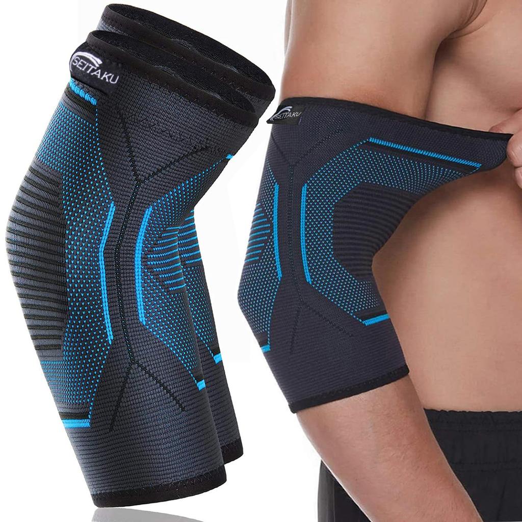Seitaku Ellenbogenbandage, Sport Ellenbogenstütze, Tennis, Golf, Volleyball, Muskeltraining, elastischer Schutz, dünn, links und rechts, Unisex, 2 Stück (M, Blau)