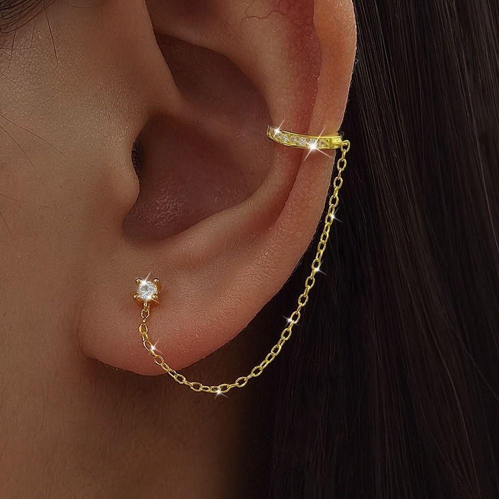 Shiny Zircon Chain Clip Earrings Ear Cuff Style Tragus Earrings Helix Earrings Fashion Jewelry