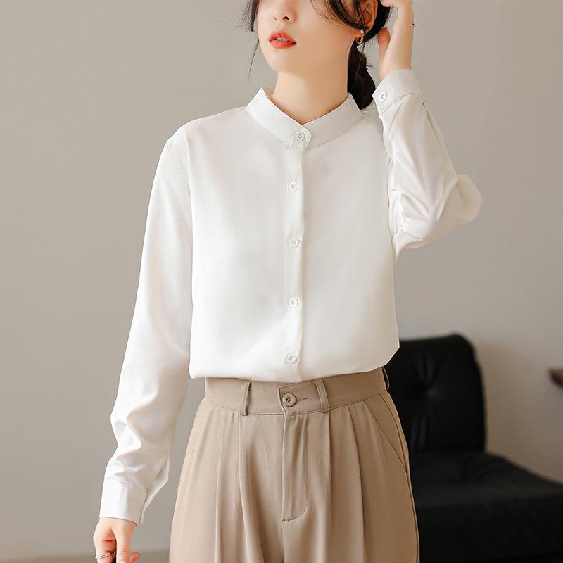 Women's French Style White Chiffon Shirt with Stand Collar for Spring-Autumn