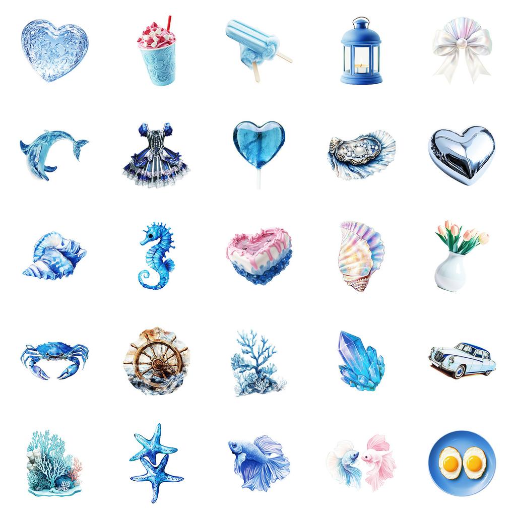 50 Dreamy Blue Graffiti Stickers Blue Planet Crystal Conch No Repetition Decorative Stickers