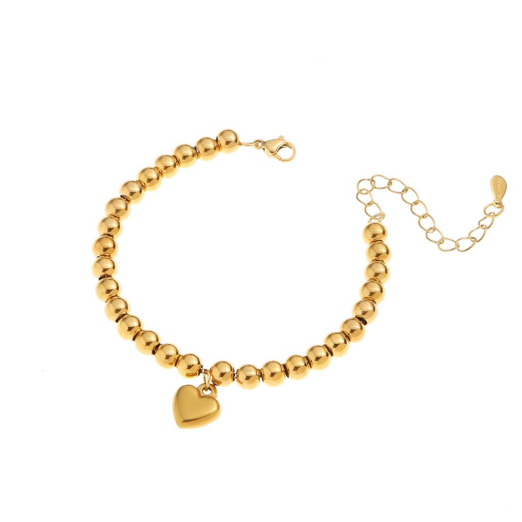 Stainless Steel Heart & Round Bead Gold Bangle Bracelet for Women
