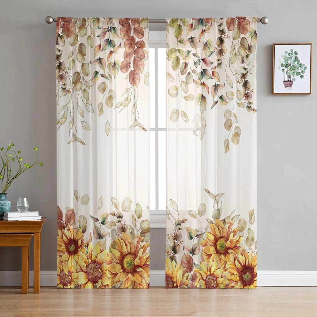 Eucalyptus Leaves Sunflower Flower Sheer Curtains Home Window Decorations Voile Tulle Curtains For Living Room Bedroom Kitchen