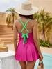 Sexy Solid Color Slit Skirt V Neck Cross Strap Tummy Control Bikini Swimsuit For Vacation