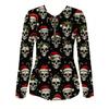 Women's Christmas Skull Print Top - V-neck Long Sleeves, Personalized Print and Comfortable, Great Holiday Gift, Suitable for Trendy Holiday Wear