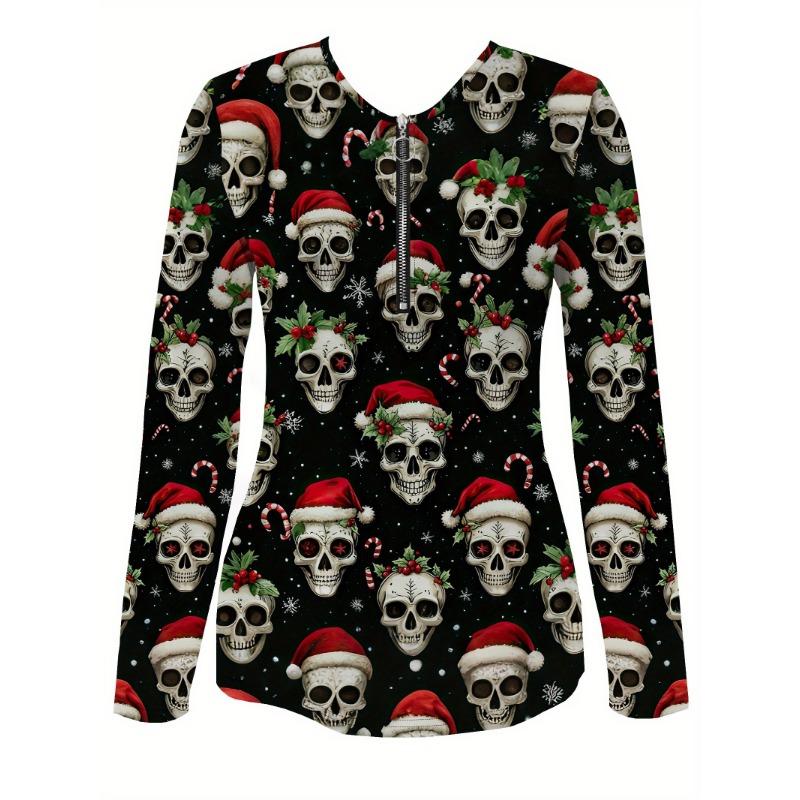 Women's Christmas Skull Print Top - V-neck Long Sleeves, Personalized Print and Comfortable, Great Holiday Gift, Suitable for Trendy Holiday Wear