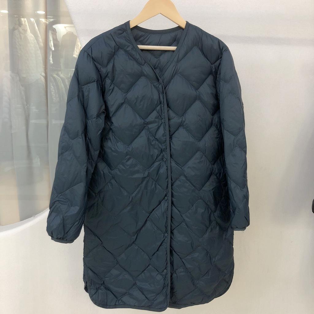Autumn and winter down jacket women's medium and long V-neck light portable rhombus wavy down liner large size jacket