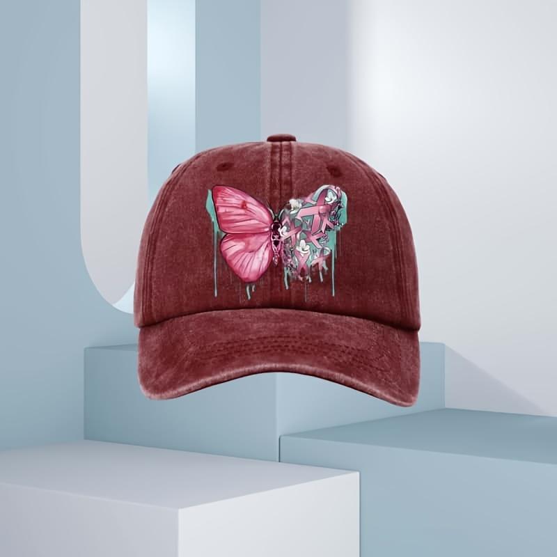 

Pink Butterfly Breast Cancer Awareness Ribbon Baseball Cap Adjustable Polyester Casual Unisex Adult Headwear One Size