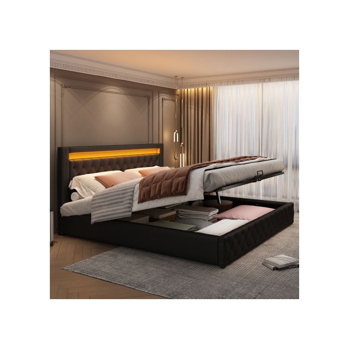 Lit - MUVOE - 180x200cm - Rembourré - Éclairage LED - Noir