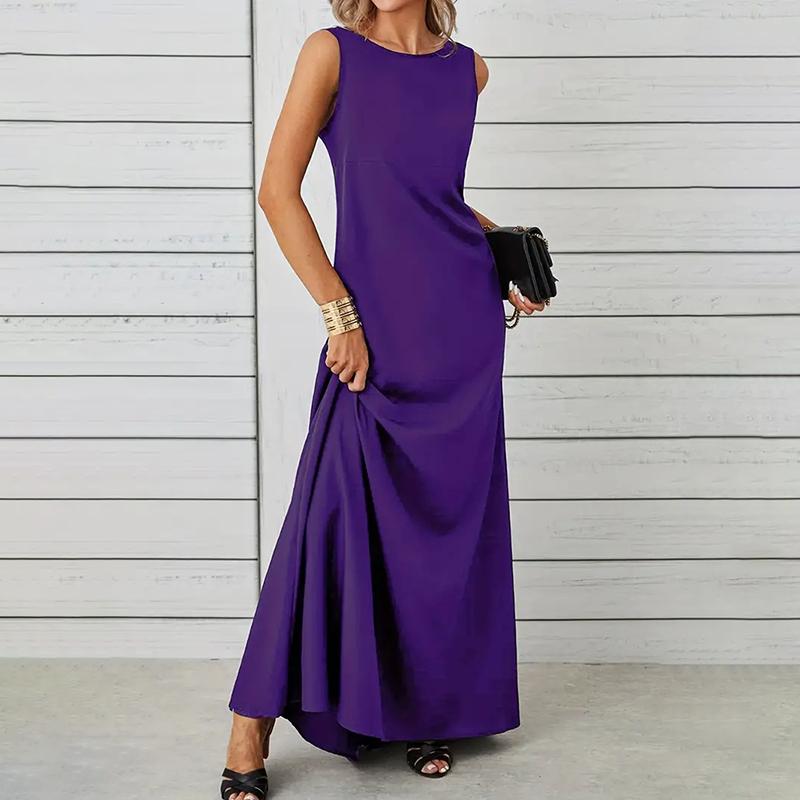 Women Casual Sleeveless O Neck Solid Color One Piece Dress