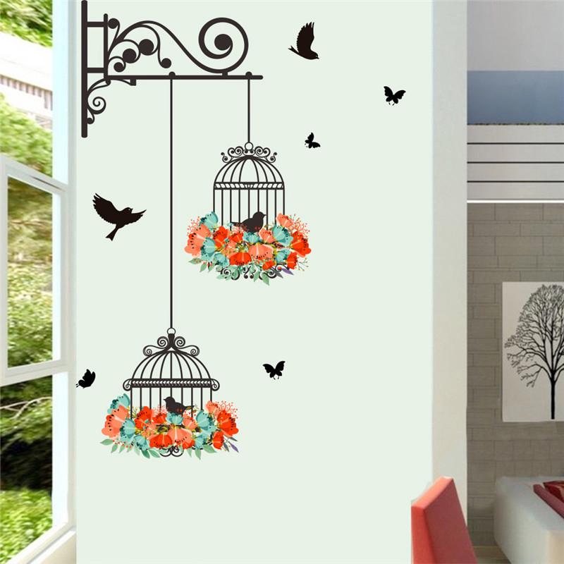 Colorful Flower Birdcage Wall Sticker Decals Flying Birds Plants Adhesive Room Wallpaper Decor