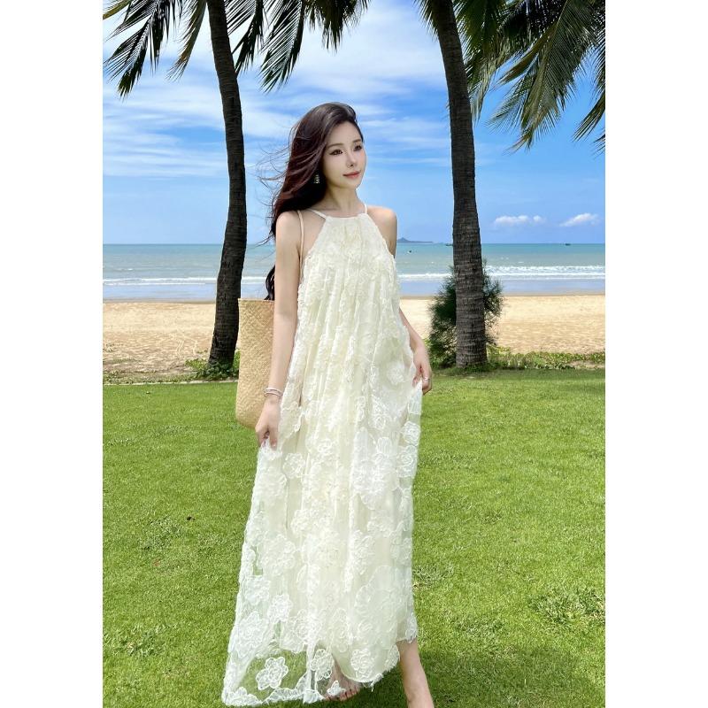 

French Neck Dress High-end Tube Top Embroidered Flower Skirt Fairy Fairy Seaside Vacation Dress XL абрикосовий