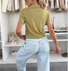 2025 Urban Casual Women's Lapel Solid Color Pocket Short Sleeve T-shirt
