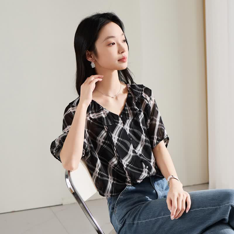SOFSIL Women s Vintage Plaid V-Neck Shirt Two-Piece Set M