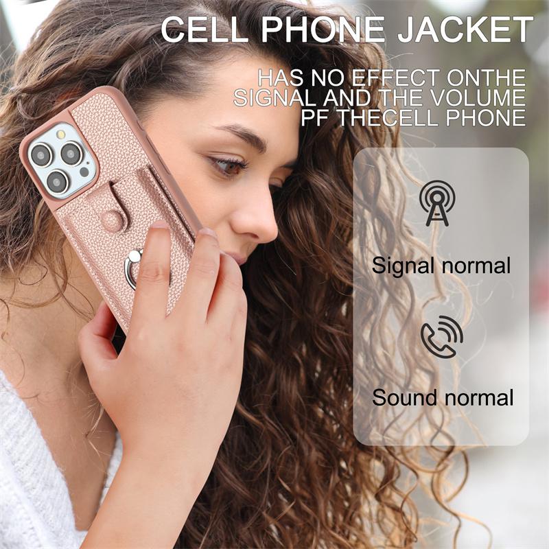 Leather With Cards Slot Phone Case For iPhone 16 15 14 13 12 Pro Max iPhone15 iPhone16 Plus Metal Ring Holder Wallet Back Cover