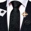 Pearl Brooch with Silk Tie for Men Vintage Floral Teal Necktie Hanky Cufflinks Gift Formal Set