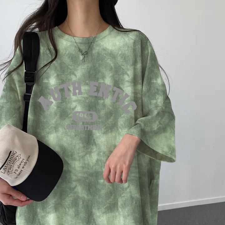 Summer 2024 Tie-Dye Short-Sleeve T-Shirt Dress: Women's Korean-Style Fashionable Print, Loose, Casual Mid-Length 