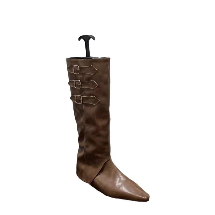 Inner heightening pointed western cowboy boots women's shoes 2025 new spring and autumn single boots brown Maillard medium tube long boots