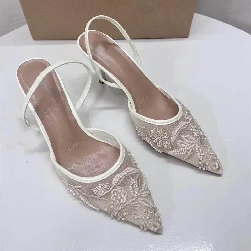 Fashion Woman Designer Mesh Open Heel Sandals Shoes Fashion Print Pointed End Women High-heel Pumps Sexy Stiletto Lady Mules