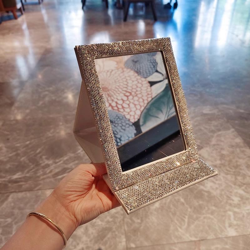 Diamond-Studded HD Folding PU Leather Vanity Mirror – Portable Desktop Makeup Mirror