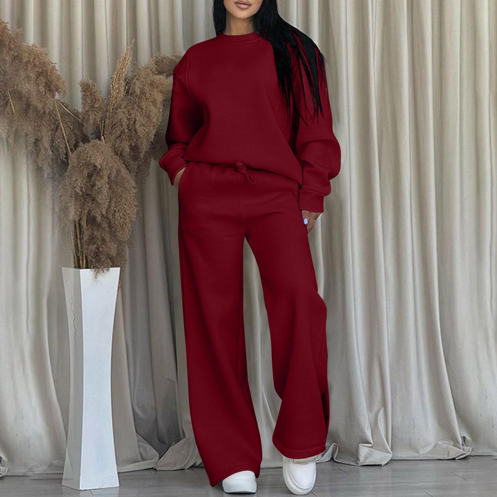 Women's Fashion Casual -Color Long-Sleeve Neck Top And Pants Two-Piece Set