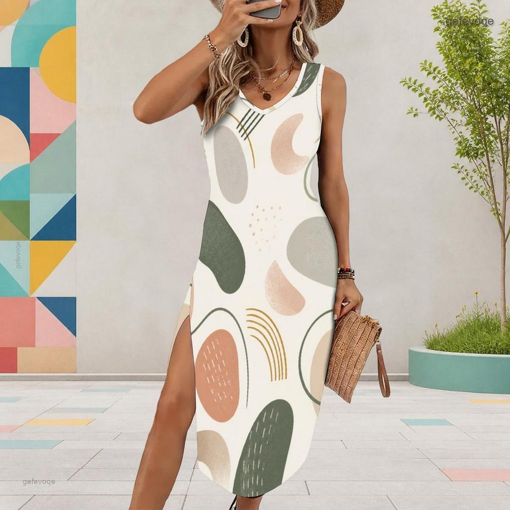 Women Plus Size Sleeveless U Neck Abstract Printed Side Slit Casual Dress