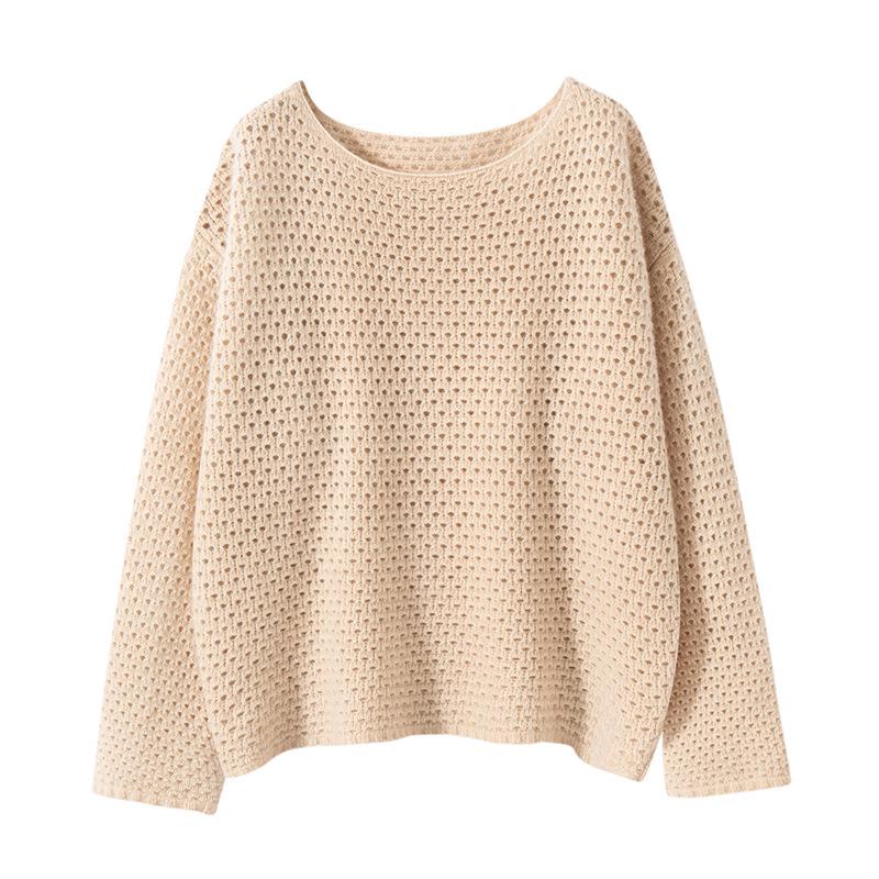 Solid Color Cashmere Hollowed-Out Retro Round Neck Long Sleeve Sweater - Autumn Winter Versatile Loose Knitwear