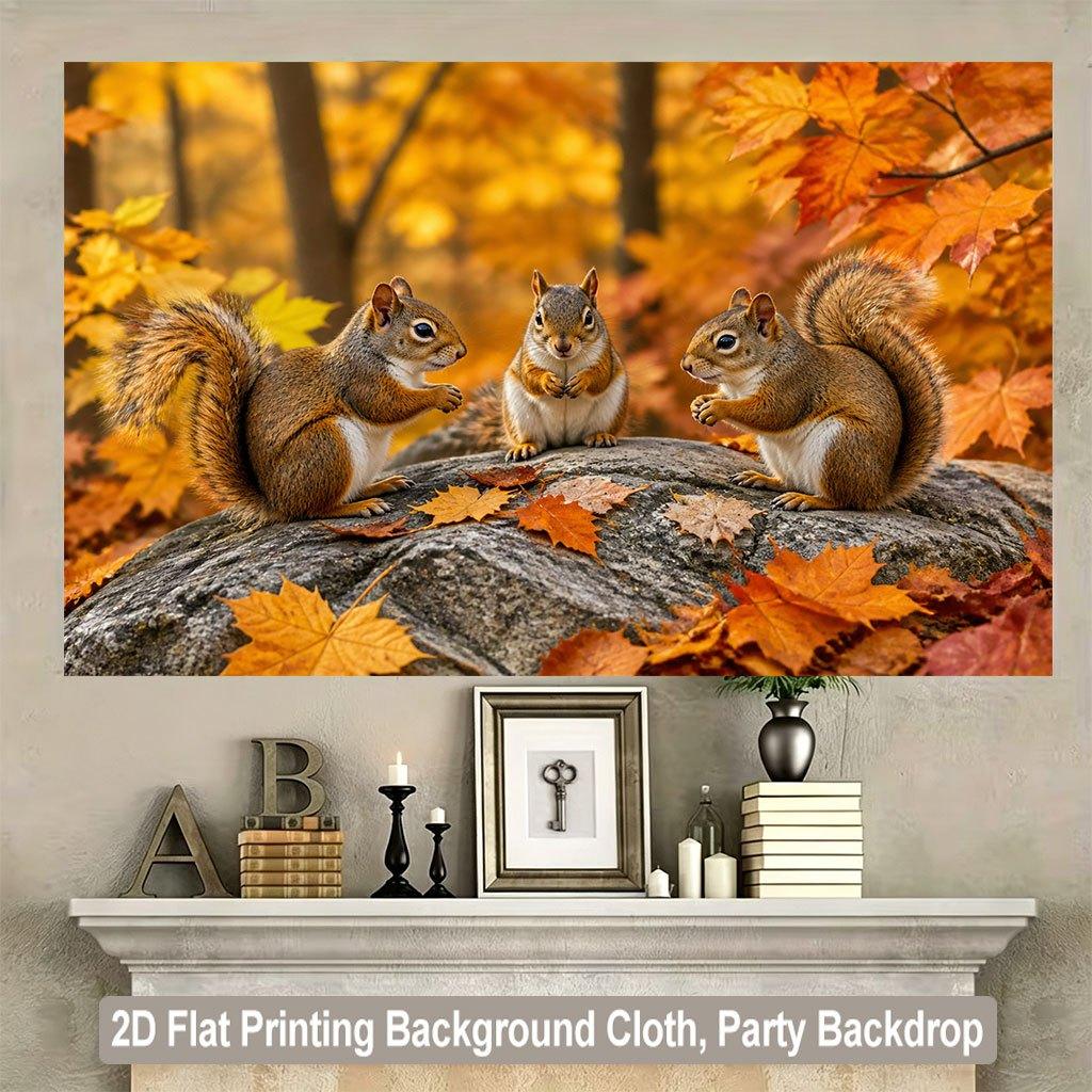 1 piece of 2D flat background fabric a scene background fabric of squirrels playing in the autumn woods wooden board wall.PMJ