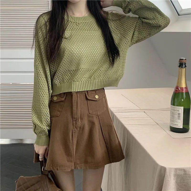 Long Sleeve Thin Hollow Out Sun Protection Cardigan Knitwear Women's Summer Designed Niche Loose Air-Conditioning Shirt Short Top