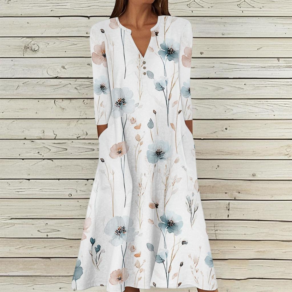 Women's Summer Casual V-Neck Button Vintage Floral Print Three-quarter Sleeve Long Dress With Pockets