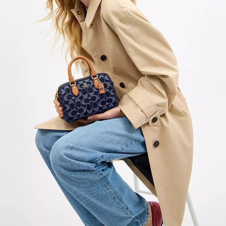 Coach Borsa a secchiello Rowan in tessuto, Borsa a tracolla piccola da donna Blu denim CY742-IMXIA