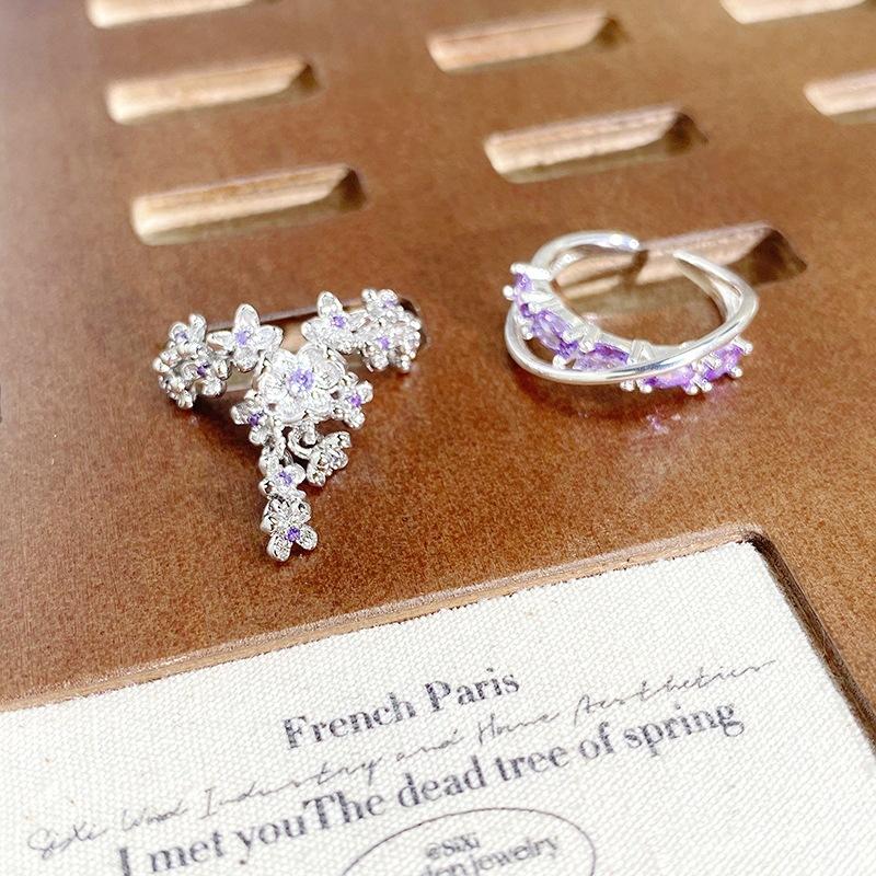 Super Fairy Light Luxury High-End Purple Zircon Row Diamond Flower Opening Ring Niche Full Of Diamonds Sweet And Cool Personality Ring Woman