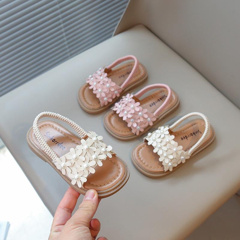 Roman Style Flower Decor Beach Sandals, Soft Sole Open Toe Trendy Shoes for Girls