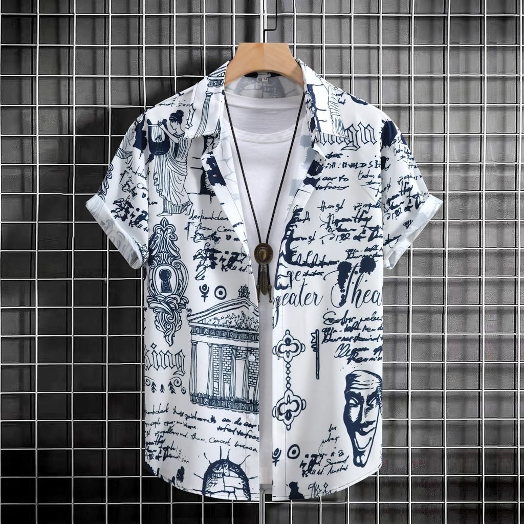 Men Summer Short Sleeved Shirts with Lettering Ink Graffiti Printing Digital Printing Shirt