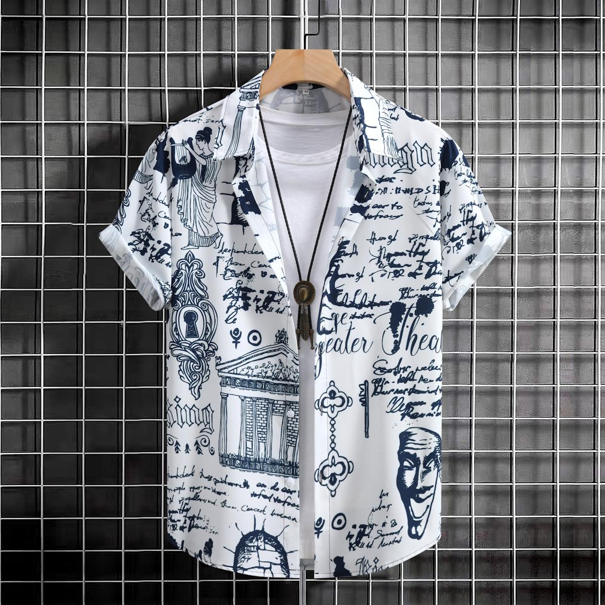 

Мужские летние рубашки с короткими рукавами и надписью, чернилами, граффити, рубашка с цифровой печатью 2XL темно-синий